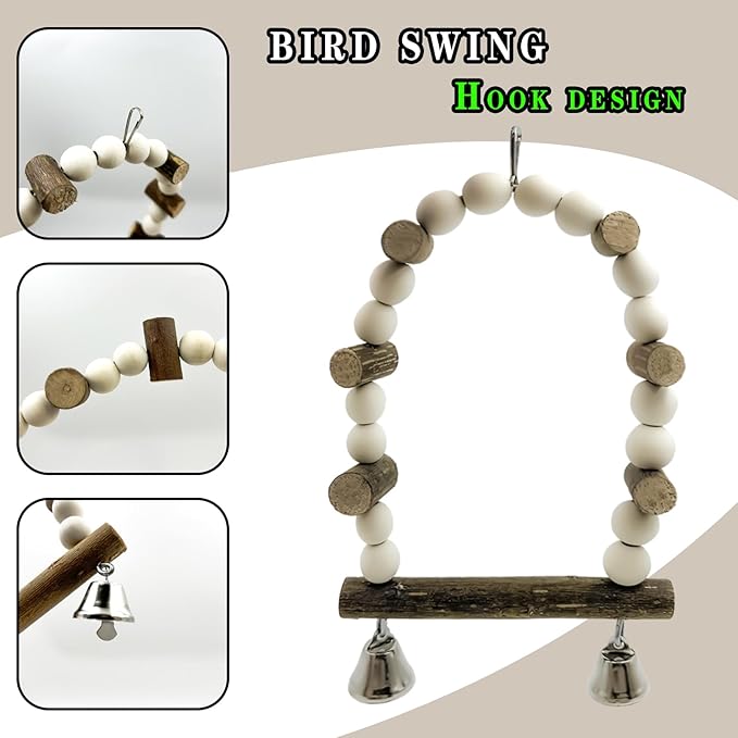 7Pcs Natural Wooden Bird Perch Set – Parrot Perch Toys, Wooden Perch Swing, Cage Accessories for Budgies, Cockatiels, Lovebirds, Finches, and Other Small to Medium Birds