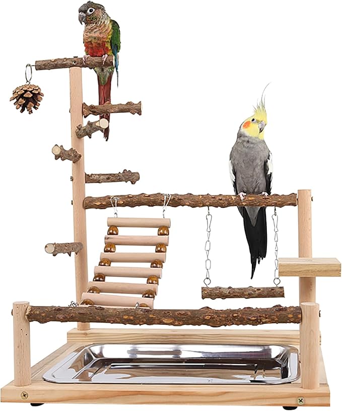 RoseFlower Bird Playground, Parrots Wooden Playstand, Birdcage Playground Play Gym Parakeet Playpen Ladder with Feeder Cup and Tray, Bird Toys Swing Exercise Toy