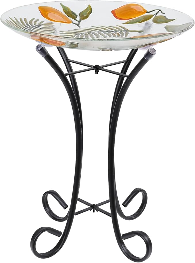 MUMTOP Outdoor Glass Birdbath with Metal Stand for Outside Yard Garden Decor, 18 inch Diameter Lemon Tropical Decorative Bird Baths Bowl for Outdoors, 21.65 inch Height