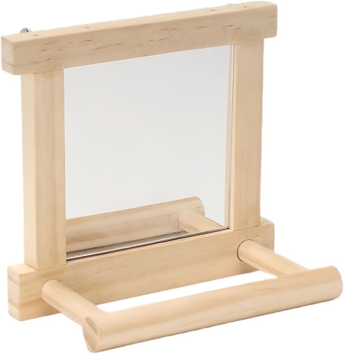 Natural Wood Bird Stand with Mirror, Perch and Swing Toy for Parakeets, Hummingbird, Lovebirds and Cockatoos (1 Pack)
