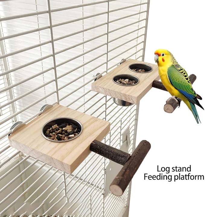 Bird Food Stainless Steel Cups Wooden Perch Stand Hanging Feeder Bowls Feeding and Watering Supplies for Parakeets Conures Cockatiels Budgie Parrot (with One Cup)