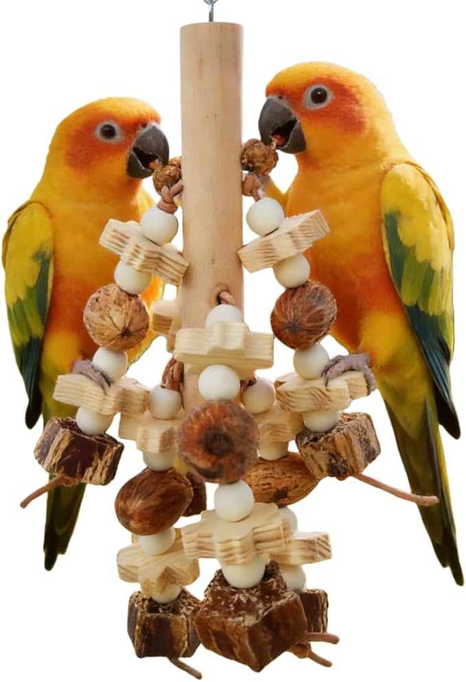 Bird Cage Toys Parrot Toy Designed for Chewing Features Natural Nut and Wooden Blocks, 2PCS Can Be Hung in Medium and Large Sized Parrot Cages