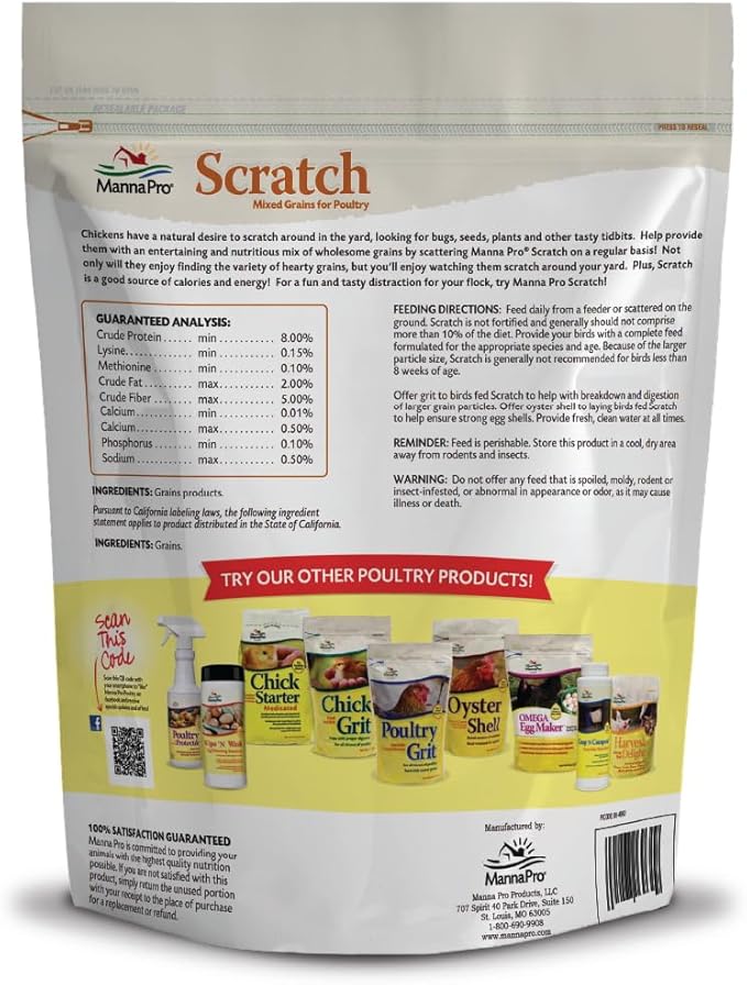 Manna Pro Ultimate Chicken Scratch Feed, Nutrient-Rich Scratch Grain Treat for Chickens and Poultry, Natural Multigrain Blend for Backyard Flocks and Laying Hens, Made in USA, 10 lb Bag