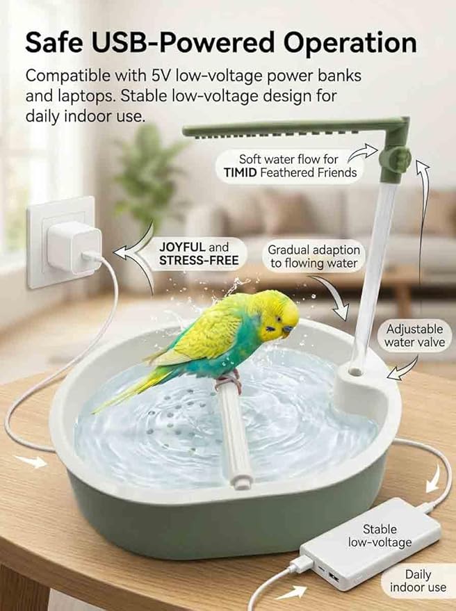 Automatic Parakeet Bird Bath with Pump,Adjustable Water Flow & Parrot Shower,USB Powered Bird Fountain Bathtub for Cage,Quiet Circulating Water System for Budgie,Lovebird (Green L)