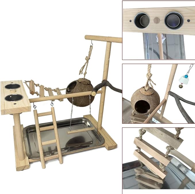 Hamiledyi Parrot Playground Bird Play Stand Natural Wood Parrot Perch Gym with Feeder Cups Cockatiel Nest with Ladder Lovebirds Cage Accessories Toy Exercise Activity Center for Cockatiel Lovebirds