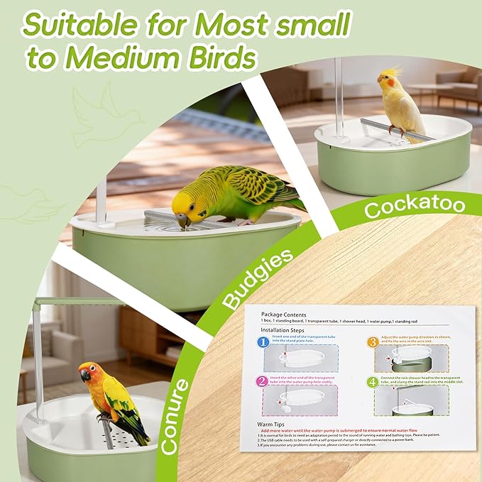 Automatic Parakeet Bird Bath for Cage Large Parrot Shower Bath with Adjustable Water Flow Bird Shower Fountain Indoor Bathtub Stainless Perch Bird Cage Accessory for Birds Cockatiel Conure Budgie