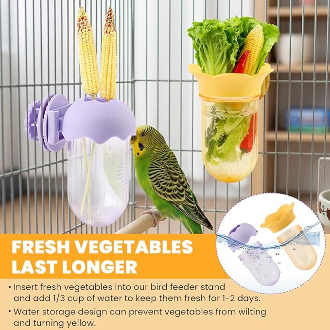 2 Pcs Bird Cage Feeder for Vegetable, Reusable Parrot Veggies Holder Bird Feeder for Cage, No Spill Feeders for Parrots, No Mess Hanging Containers for Cage(Color:Yellow+Purple)