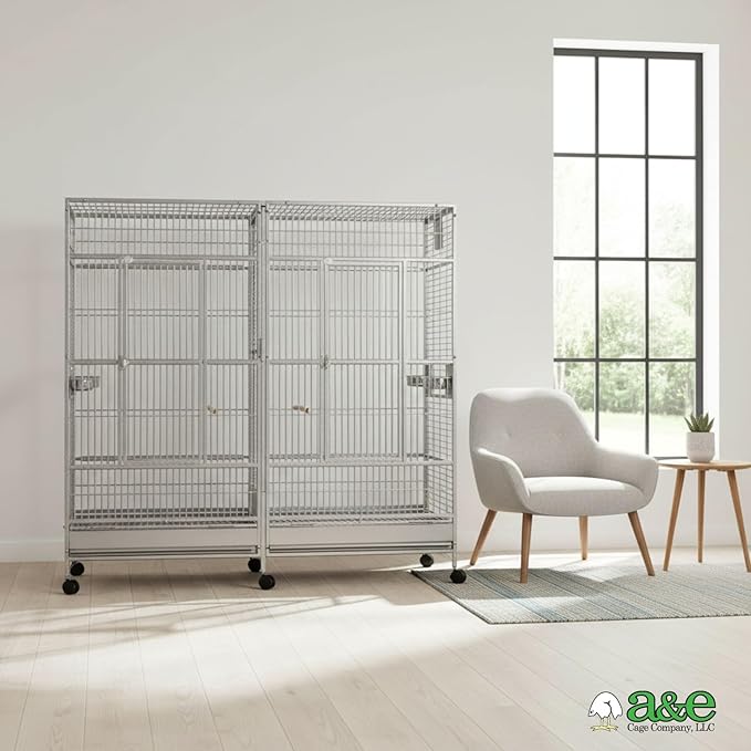 A&E Cage Co 8040FL Platinum Double Macaw Cage – 80"x40"x74" Extra Large Parrot Cage with Removable Divider, 4 Swing-Out Feeder Doors, Stainless Steel Bowls & Perches for Macaws, Cockatoos, Amazons