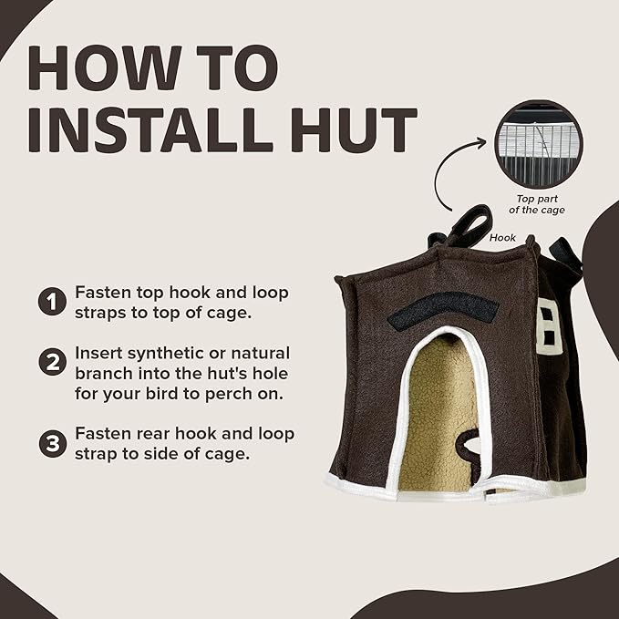 Crazy K Farm - Avian Haven Bird Hut, Comfy Bird Snuggle Hut, Plush Pet Bird Hut for Sleeping and Snuggling, Hanging Bird Cage Hut with Sherpa, Cozy Bird Cage Accessories Small, Brown