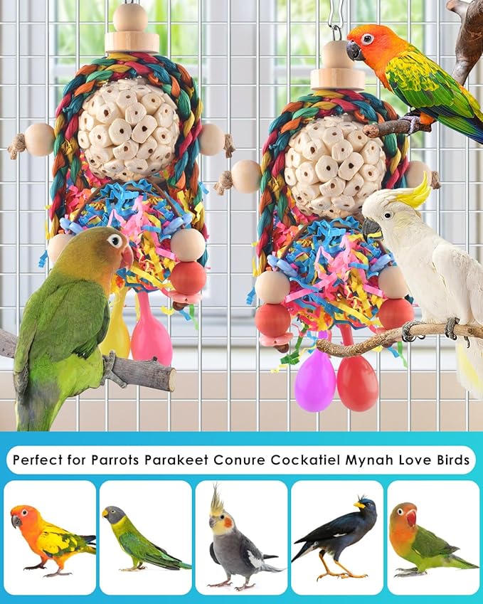Bissap Conure Toys, 2PCS Bird Parrot Foraging Shredder Hanging Toys Sola Balls with Sand Hammer for Small Parrots Parakeets Conures Cockatiels Love Birds Cage Toy