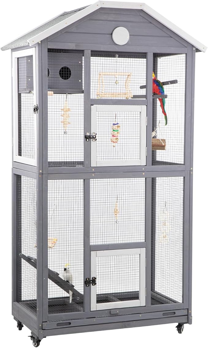 Gowoodhut Outdoor Bird Cage Large, Wooden Flight Aviary with Perches, Nest Habitat, and Easy-Clean Pull Out Tray for Parakeets, Macaws, and More