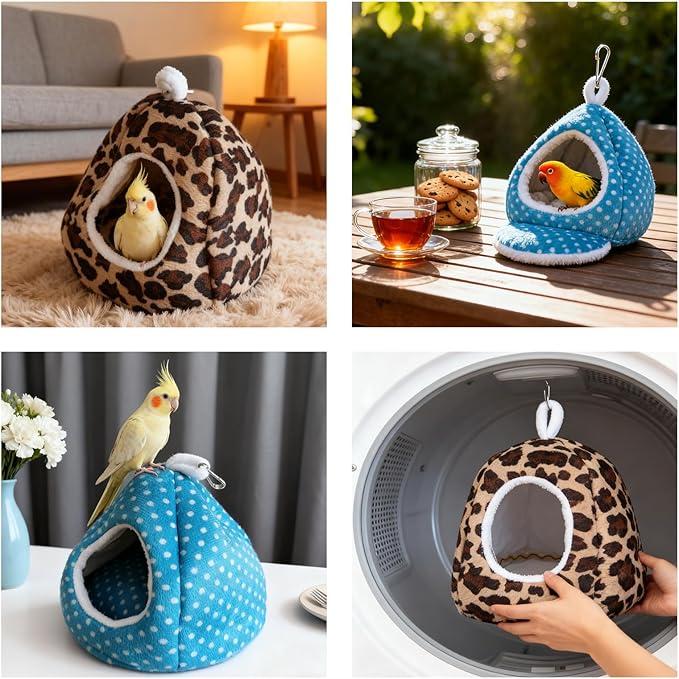 Bird Hanging Hammock Nest Parrot with Soft Plush Hanging Hammock & Hut Tent for Cage Winter Bird Hideaway Hut for Cockatiels Budgies Parakeets Lovebirds Conures Hamsters (Green and White L)