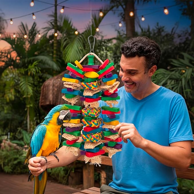 Shappy Large Bird Toy Making Kit, 228 Pcs DIY Parrot Toys Supplies, Natural Wood Chewing Blocks Beads Rope Bell Set for Macaw, Cockatiel, African Grey, Parakeet Cage Enrichment