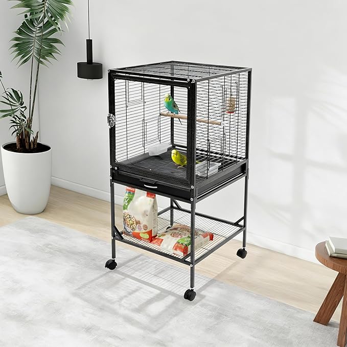 Extra Large Bird Cage 54Inch Wrought Iron Bird Cage with Rolling Stand Metal Parrot Cage with Open Play Top Perch Stand for Conures Lovebirds Cockatiels Finches (Black 2)