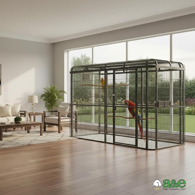 A&E Cage Co WI11062 Black Walk-in Bird Aviary - 110"x62"x79" Large Parrot Cage - Front Door on 110" Side, 3 Swing-Out Feeder Doors, Stainless Steel Bowls