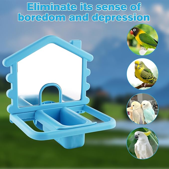 3 in 1 Bird Mirror with Perch Stand,Parrot Mirror for Cage,Bird Swing Toys for Cockatiels,Lovebirds,Conures,Parakeets-Helps Birds Release Stress (Blue)