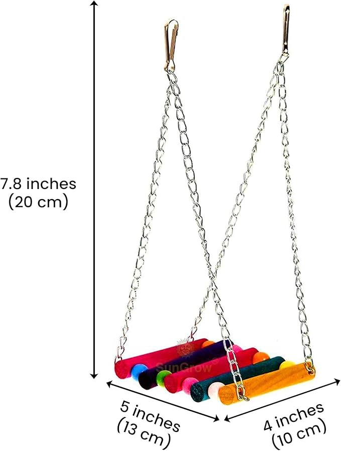 SunGrow Parrot Cage Hammock Swing, Colorful Wooden Swing with Metal Chain and Clasp, 1 Pack