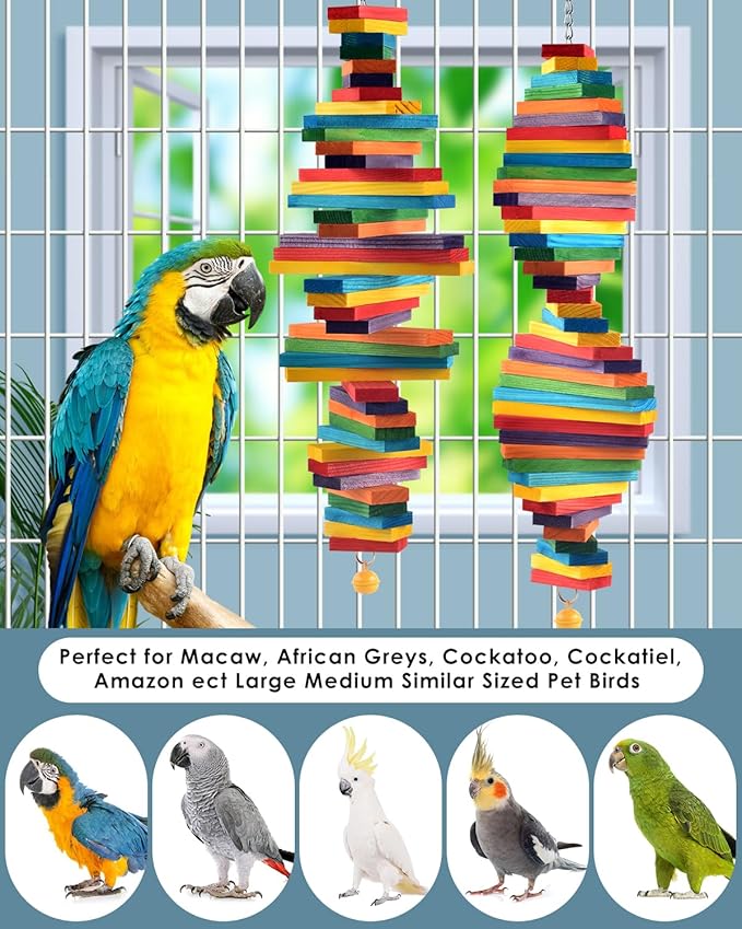 Bissap 2 PCS Bird Chew Toys, 20.8‘’ Multicolored Bagel Cascade Medium Large Parrot Chewing Sticks Biting Wooden Blocks Toy for Big Amazon Senegal Cockatoos Macaws African Grey Similar Sized Pet Birds