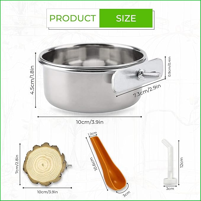 2pcs Bird Cage Feeder Stainless Steel, 10 * 5cm Bird Water & Food Bowl, Durable Bird Cage Accessories, Includes Round Wooden Perch, Bird Feeder Spoon & Water Spout, for Parrots & Small Birds