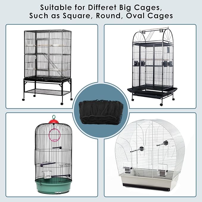 Bissap Bird Cage Seed Catcher, 90-118‘’ Universal Birdcage Net Nylon 31.8'' H Adjustable Elastic Band Stretchy Skirts Mesh Cover for Parrot Cage Seed Guard (Not Include Birdcage)- Black