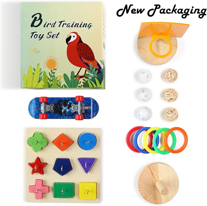 Bird Toys,Parrot Training Toys for Lovebird,Five-Types Parakeet Toys Sets for Conure, Cockatiel,12 PCS Parrot Intelligence Toy,Basketball Hoop,Skateboard,Stacking Toys,Wooden Block Bird Puzzles Toy