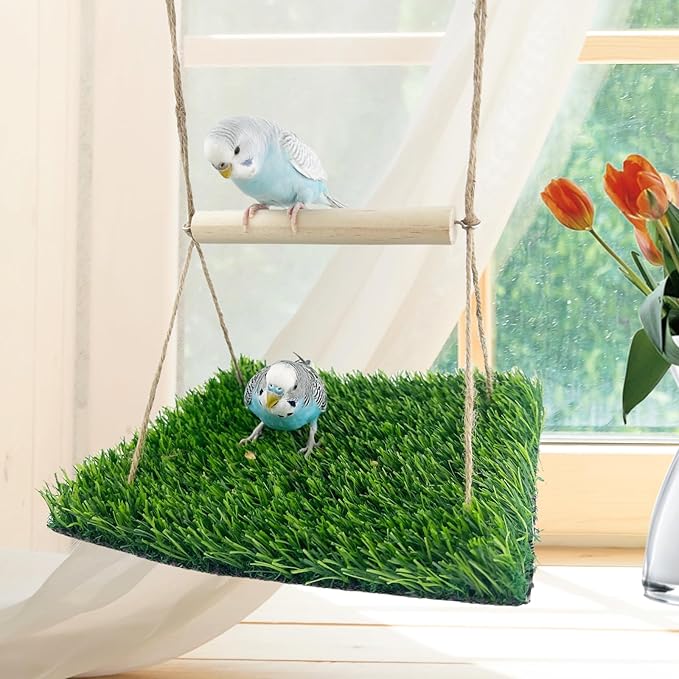 FlidRunest Bird Swing Mat with Wood Perch, Lawn Swing Hammock for Parrot, Simulated Grass Bird Swing Mat Hanging Climbing Hammock for Parakeet, Budgie, Conure, Cockatiel, Lovebird, Canary