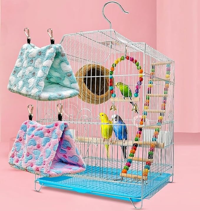 2 Pack Warm Bird Nest Plush Snuggle Bird Hammock Hanging Bird Cave Parrot Sleeping Bed Shed Hut Hanging Tent for Budgies Finch Parakeet Cockatiel Cockatoo Lovebird-Loving Heart (Pink&Green)