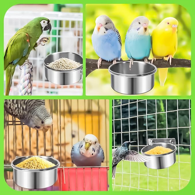 2 Pack Bird Feeding Bowls Cups Parrot Food Water Dishes, Stainless Steel Bird Bowl Cup Dish with Clamp, Birdcage Feeder Pet Cage Bowls for Parrot Cockatiel Budgie Conure Parakeet Small Animal