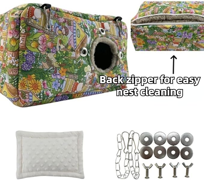 Large Winter Warm Bird Nest House, Zipper Design On the Back for Easy Cleaning, Bird Bed for Cage, Parrot Nest Snuggle Shed Hut, Easy to Install for Quakers Lovebirds Conures Budgies (Pink,Small)