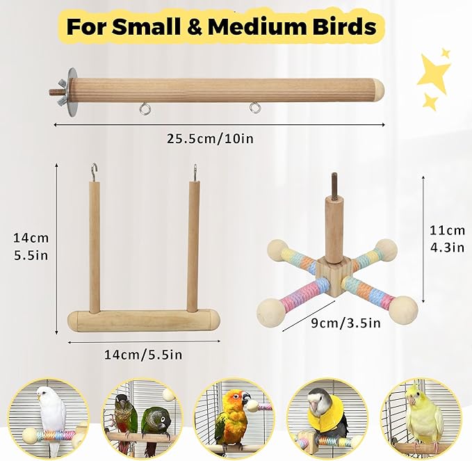 Bird Perch & Swing Toy Combo, Bird Toys for Parrots with 360° Spin Function, Hanging Parakeet Swing Birds Cage Accessories Toys, Multi-functional Wooden Birds Activity Gym for Cockatiel Lovebird