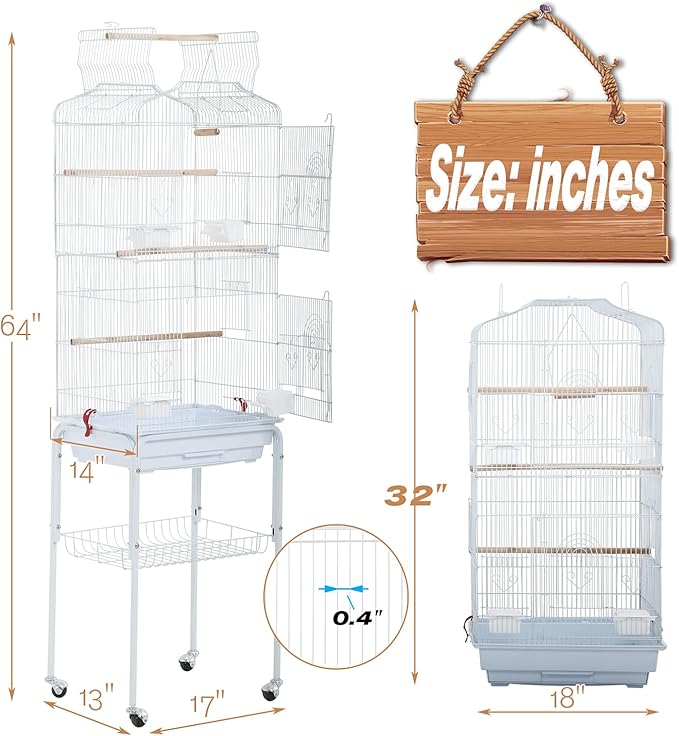 Bird Cage Parakeet Cage 64 inch Open Top Standing Parrot Cage Accessories with Rolling Stand for Medium Small Cockatiel Canary Parakeet Conure Finches Budgie Lovebirds Pet Storage Shelf (White)