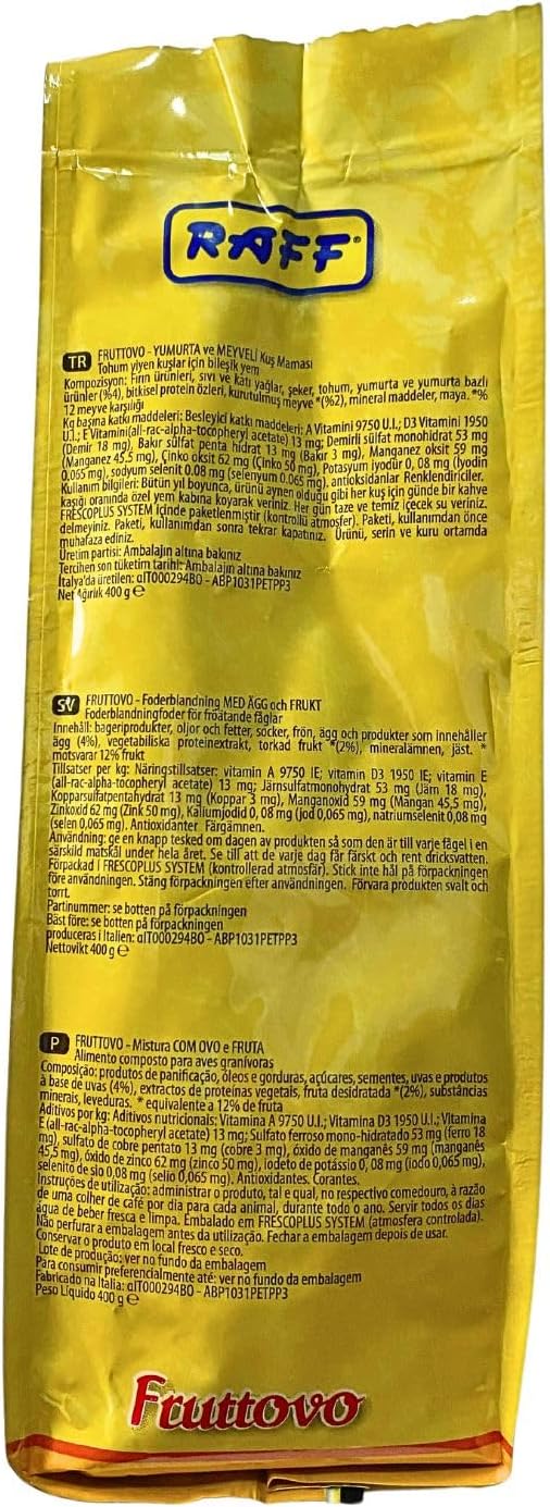 RAFF Fruttovo 400g Bird Food Fruit Blend – Daily Supplement for Canaries, Finches and Budgerigars, Food for Small Birds, Offering Essential Nutrients to Enhance Their Seed-Based Diet