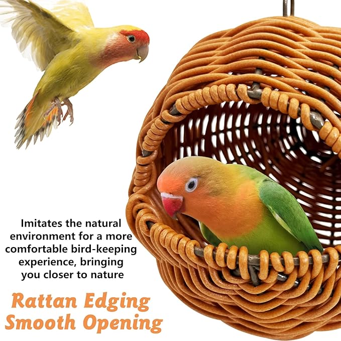 BNOSDM Rattan Bird Nest Parrot Nesting House Parakeet Hanging Swing Soft Lovebird Warm Bed Sleeping for Parrots Bird Cage Accessories for Cockatiels Budgerigars Finches Canaries (G-Hole Style)