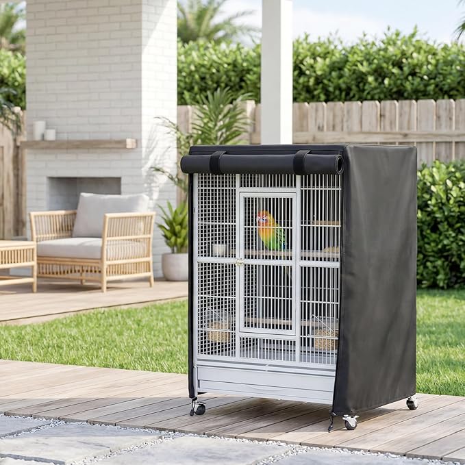 Black Bird Cage Cover, Adjustable with Zipper Panel and Velcro, Block Light and Waterproof, Good Night for Parrot and Small Animals, Size M
