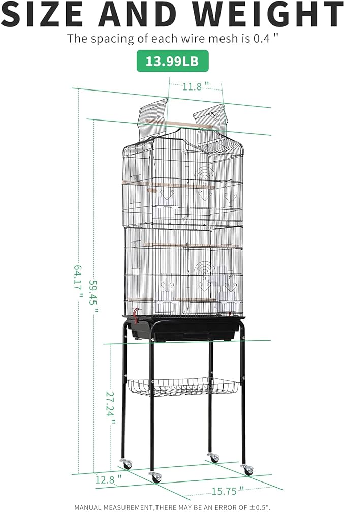 HCB 64-Inch Open Top Standing Bird Cage with Rolling Stand for Parrots Lovebirds Parakeets Cockatiel Medium Small Bird Cage, Black, 64 Inch (Pack of 1)