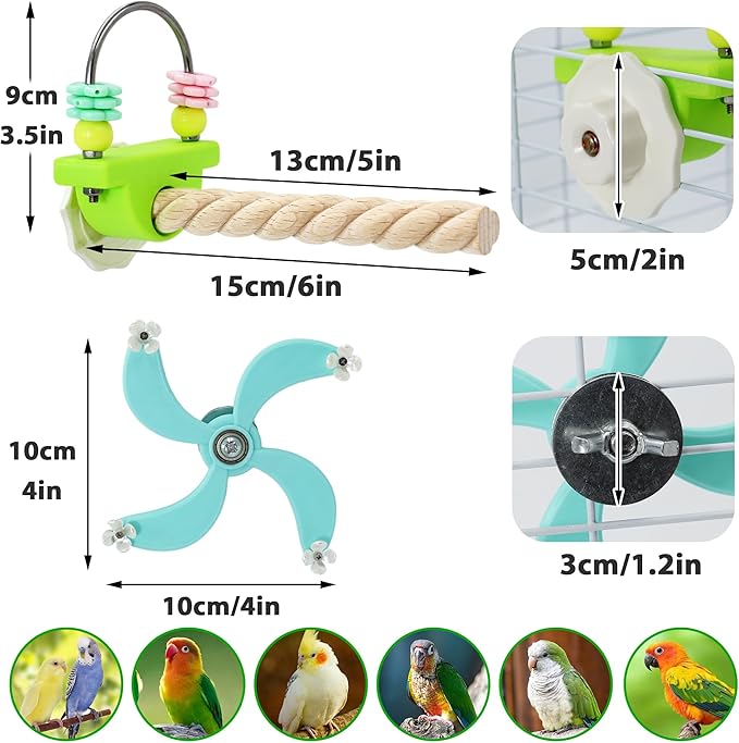 2Pcs Spinning Parakeet Toys and Anti-Slip Spiral Perches Set, Rotating Budgie Toys for Boredom, Bird Enrichment Spinner for Parakeets for Cage Accessories, Cockatiel Toys for Inside Cage for Parrots