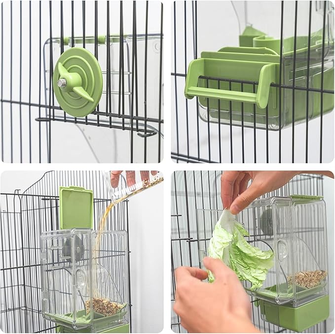 Automatic Bird Feeder, Bird Cage Feeder with Perch Multi-Functional Holder for Fruits Vegetables for Parakeet Canary Cockatiel Finch (Green)