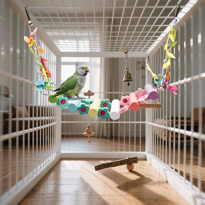 Colorful Wooden Bridge Bird Swing – Hammock-Style Swing Toy with Painted Rungs, Floral Accents & Metal Hooks for Budgies, Cockatiels & Small to Medium Birds