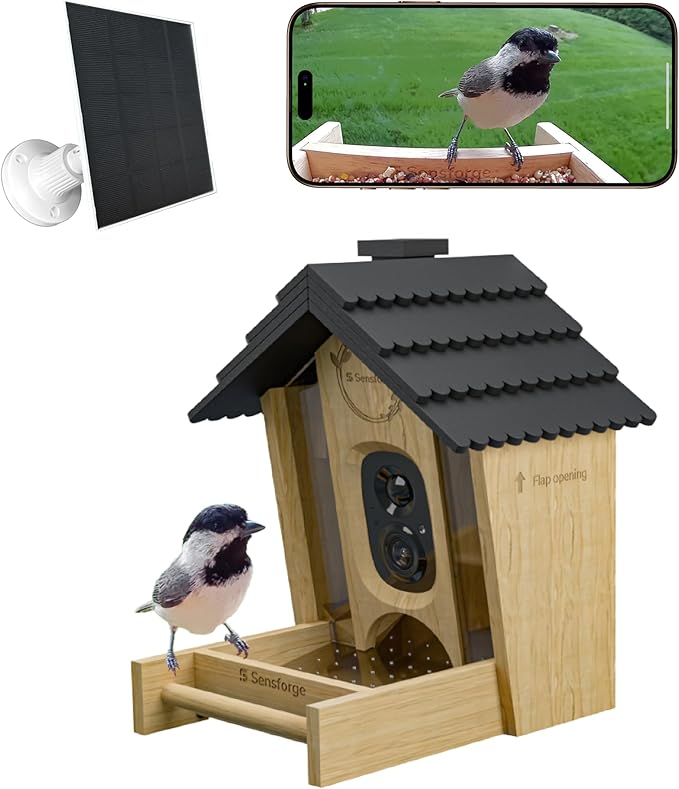 SensForge Smart AI Bird Feeder Camera, 2.5K HD Live View, Solar-Powered Wooden Outdoor Feeder with AI Recognition, Weatherproof, App Notifications - Ideal for Bird Lovers, Parents & Kids
