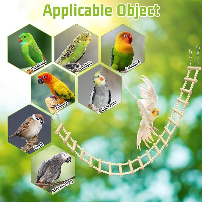 BNOSDM Long Bird Ladder Bridge 45.3 in Wooden Parakeet Climbing & Swing Toys Bird Cage Accessories for Budgies, Cockatiels, Conures, Lovebirds, Canaries (20-Steps)