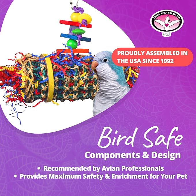 Super Bird Creations SB687 Firecracker Jr. Bird Toy - Foraging Chewing Swinging Toy for Parrots, Conures, Quakers, Pionus, Senegals - Natural Paper Shred Palm Leaves - Medium Birds, Size: 18" x 8"
