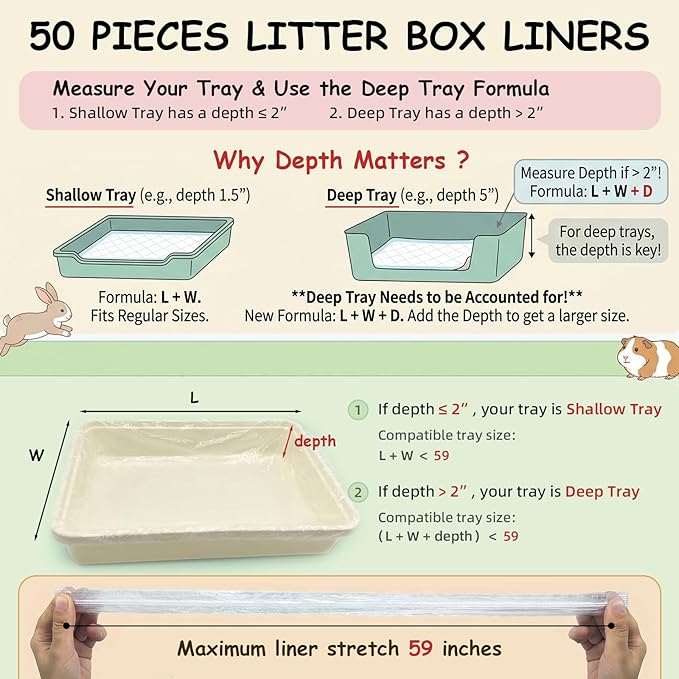 50 Pcs Disposable Small Animal Cage Liners - Clear Plastic Rabbit & Bird Cage Liners, Leakproof Guinea Pig Pet Tray Film with Hangable Cleaning Brush (59''-50P)