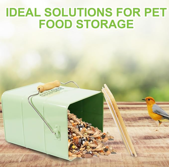 Metal Bird Seeds storage container,Outdoor Bird Container Canister, Pet Food Bin with Wooden Lid/Handle/Food scoop,hold 5-6 Lbs of Wild Bird Seed Sunflower Seed-Preventing Squirrels-Green