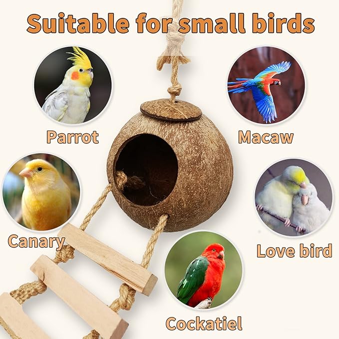 Tfwadmx 4 Pcs Coconut Hide with Ladder, Natural Coconut Fiber Hanging Birdhouse Cage, Coconut Bird Shell Breeding Nest for Parrot Parakeet Lovebird Finch Canary