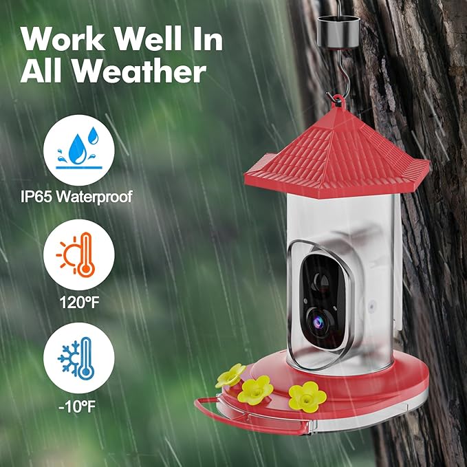 Smart Hummingbird Feeder with Camera, Wireless Bird Feeders with Solar Powered AI Recognition Instant Notifications, Feeder for Outdoor Ideal Gift for Bird Lovers