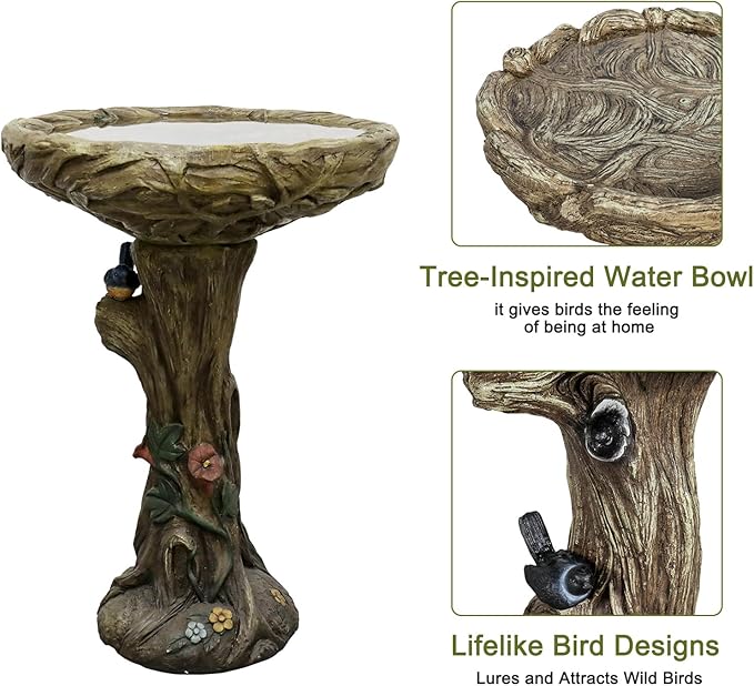 SKYFIRE 25.5” H Fibre Reinforced Concrete Bird Bath with Birds for Garden, Woodland Tree Trunk Decoration Outdoor Bird Bath,Pedestal Birdbaths for Outdoors, Garden, Patio, Lawn, Backyard