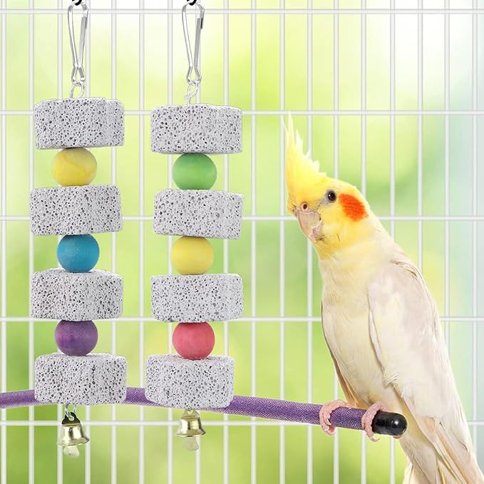 2Pcs Parrot Bird Chewing Toy, Bird Beak Grinding Stone with Bell, Lava Block Calcium Supplement Food for Cockatiel Parakeet Parrot Budgies Rat Hamster Chinchilla Rabbit Bunny African Grey