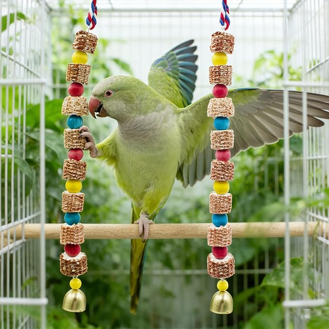 2 Pack Chew Toys for Birds, Parrot Toys with Colorful Beads Natural Corn Cob and Metal Bell, Bird Toys, Cage Accessories for Budgies, Cockatiels, Lovebirds, Green Cheeks, Small to Medium Birds