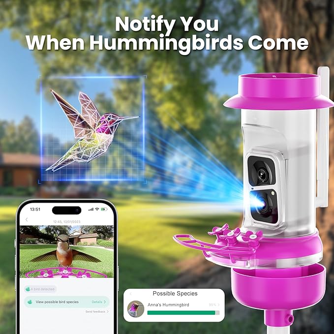 Soliom Hummingbird Feeder with Camera, Smart Feeder Camera with 2K Live View AI Identify, Leak Proof&Ant Moat&Bee Proof, Outdoor Pole/Hook Hanging, Ideal Gift for Family, 16 OZ with Solar Panel Pink