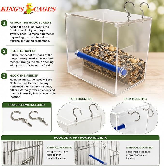 Bonka Bird Toys Large Tweeky Clean Bird Seed Feeder, 7.87" H x 7.75" W x 7.87" D, Durable Plastic with Textured Perch, Ideal for Medium to Large Bird Breeds, Indoor/Outdoor Cage Use